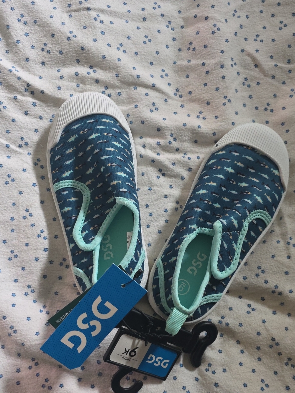 DSG Kids Blue Shark Slip-On Water Shoes with Mint Trim